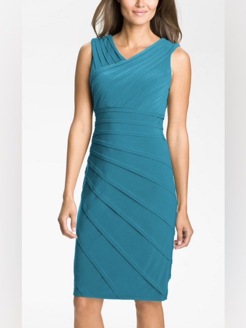 Adrianna Papell Teal Sleeveless V-Neck Ruched Midi Dress Size 8 Petite BNWOT